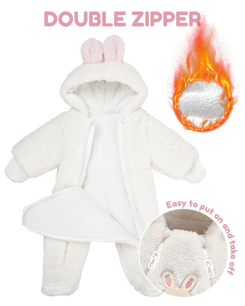 JiAmy Baby Snowsuit Hooded Romper Winter Outfits Boys Girls Cartoon Bear Fleece Jumpsuit White Bunny 3-6 Months - Image 2