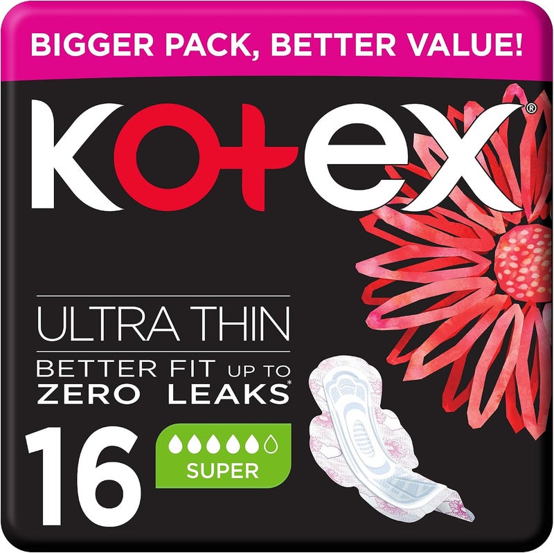 Kotex Ultra Thin Pads, Super Size Sanitary Pads with Wings, 16 Sanitary Pads - Image 1