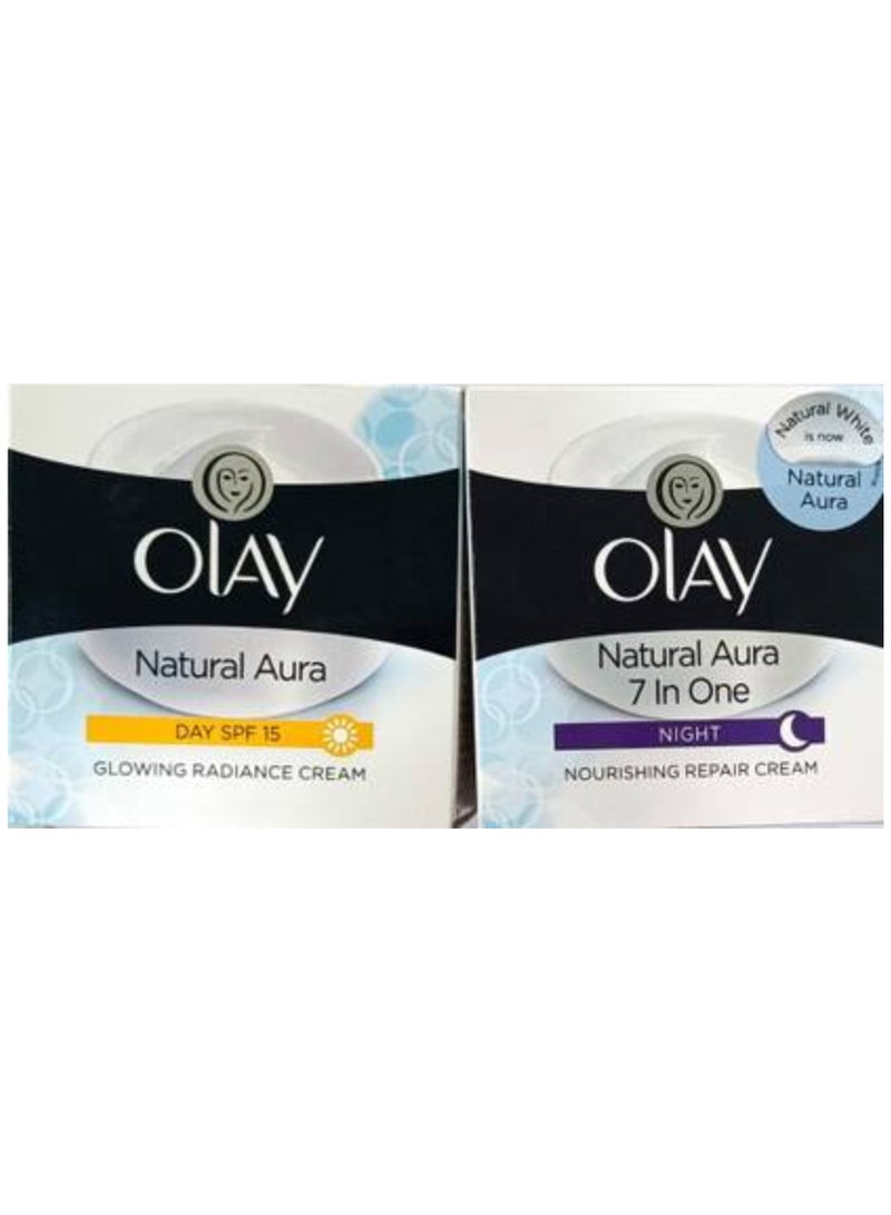 Olay Natural Aura Glowing Radiance Day Cream Spf15 With All in One Radiance Night Cream Pack of 2 - Image 1