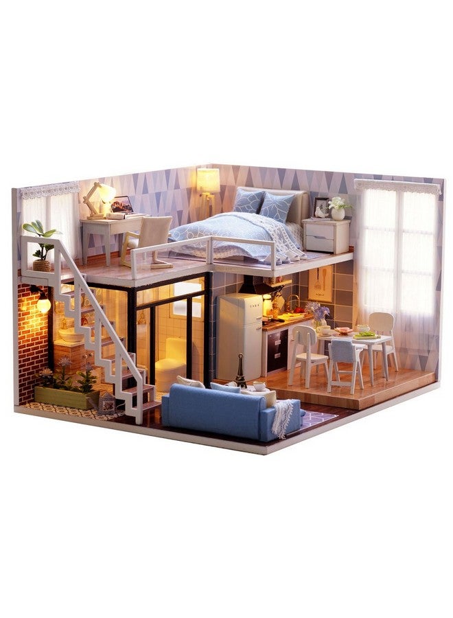 MAGQOO 3D Wooden Dollhouse Miniature DIY House Kit with Furniture,1:24 DIY Dollhouse Kit Dust Proof Included (Blue Times) - Image 1