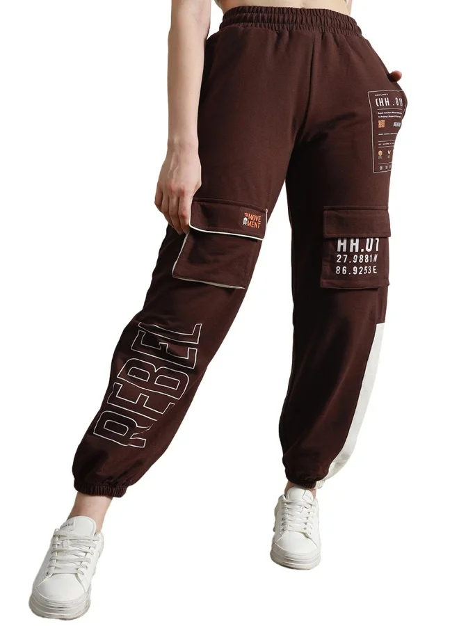 Hubberholme Women's Brown Cotton Blend Printed Full Length Cargo Regular Fit Trouser