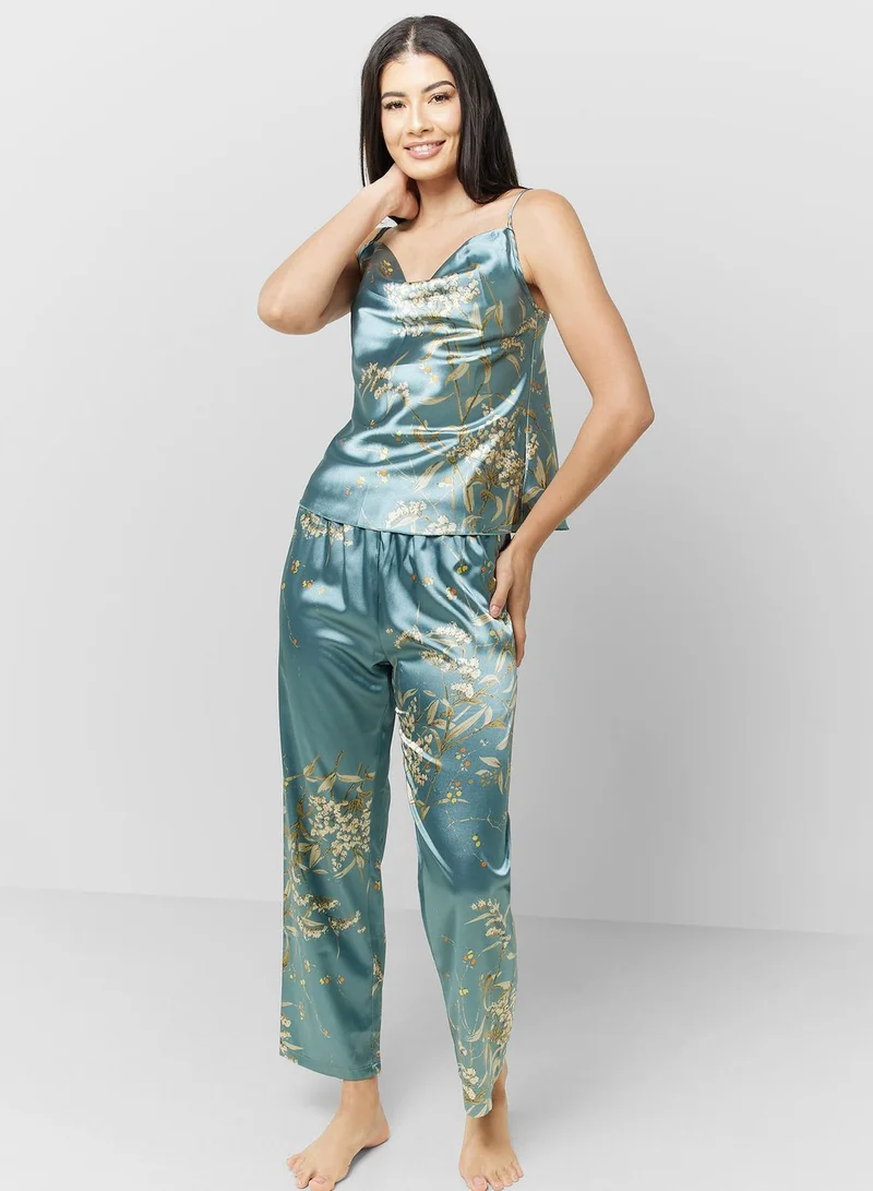 جينجر Floral Satin Cami Top & Pyjama Set