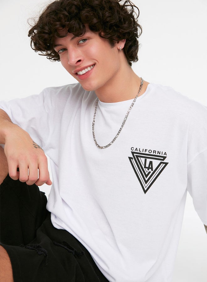 trendyol White Oversize/Wide Cut Short Sleeve City Printed 100% Cotton T-Shirt - Image 3