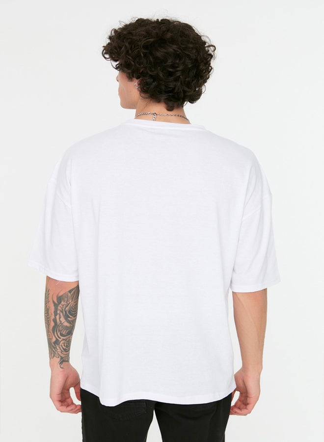 trendyol White Oversize/Wide Cut Short Sleeve City Printed 100% Cotton T-Shirt - Image 2