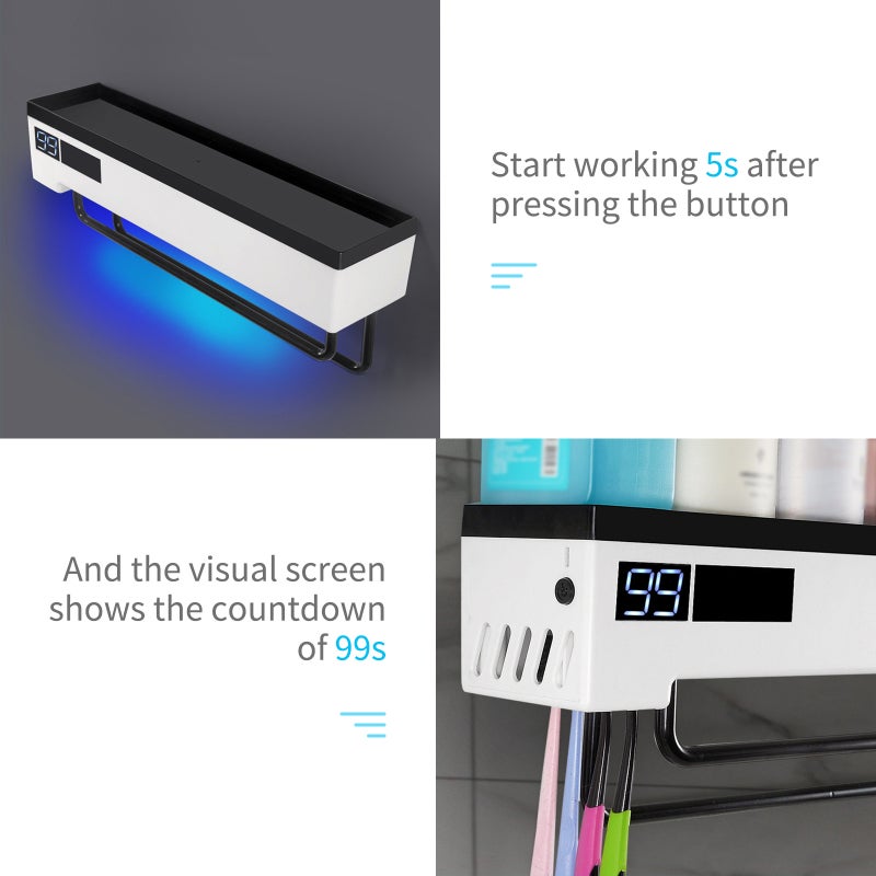 UV Toothbrush Sanitizer White & Black: Energy-saving Solar & 1200mAh Battery - Easy Wall-mounted Installation Toothbrush Rack for Bathroom Countertop & Family Use - Image 5