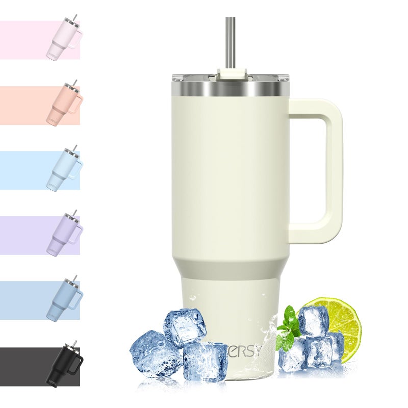 WATERSY Travel Mug Coffee Cup 40oz Tumbler Straw Lid and Handle Stainless Steel Double Wall Vacuum Insulated Coffee Water Bottle for Cold Hot Coffee 1182ml Cream White