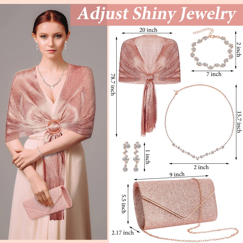 Tiamon 5 Pcs Rhinestone Jewelry Sets Shawls and Wraps Formal Clutch Purses for Women Evening Party Prom Bridal Weddings(Rose Gold, Glitter) - Image 4