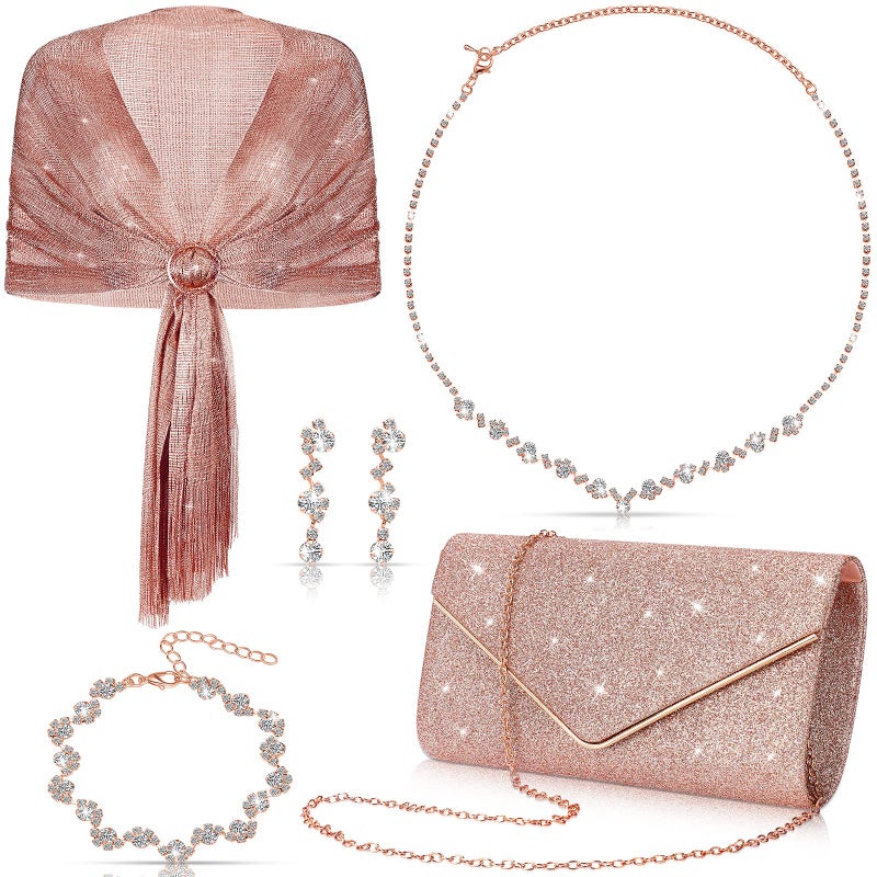 Tiamon 5 Pcs Rhinestone Jewelry Sets Shawls and Wraps Formal Clutch Purses for Women Evening Party Prom Bridal Weddings(Rose Gold, Glitter) - Image 1