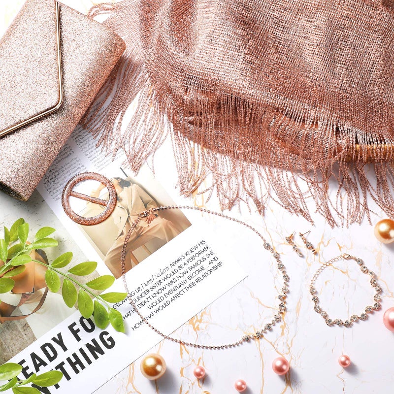 Tiamon 5 Pcs Rhinestone Jewelry Sets Shawls and Wraps Formal Clutch Purses for Women Evening Party Prom Bridal Weddings(Rose Gold, Glitter) - Image 3