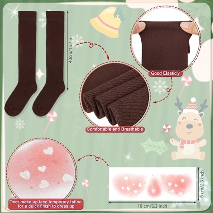Hifot 5 Pcs Reindeer Costume Adult Tutu Skirt with Reindeer Headband Temporary Tattoos Socks Deer Cosplay Costume Halloween Christmas Fancy Dress Outfits for Women Girls Brown - Image 3