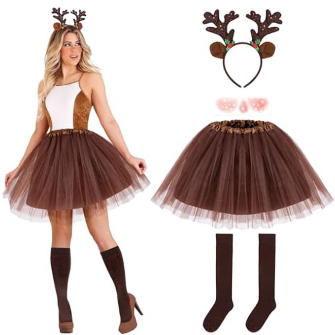 Hifot 5 Pcs Reindeer Costume Adult Tutu Skirt with Reindeer Headband Temporary Tattoos Socks Deer Cosplay Costume Halloween Christmas Fancy Dress Outfits for Women Girls Brown - Image 1