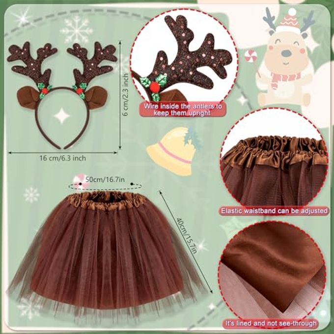 Hifot 5 Pcs Reindeer Costume Adult Tutu Skirt with Reindeer Headband Temporary Tattoos Socks Deer Cosplay Costume Halloween Christmas Fancy Dress Outfits for Women Girls Brown - Image 2
