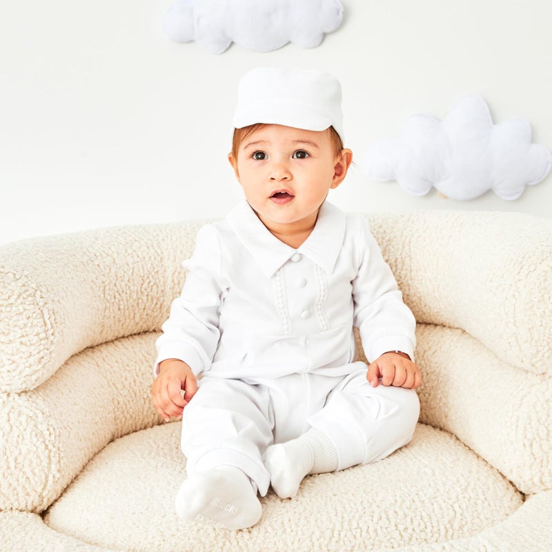 pureborn Baby Boys Baptism Romper Long Sleeve Jumpsuit Spring Fall Organic Cotton Christening Outfits White 3-6 Months - Image 2