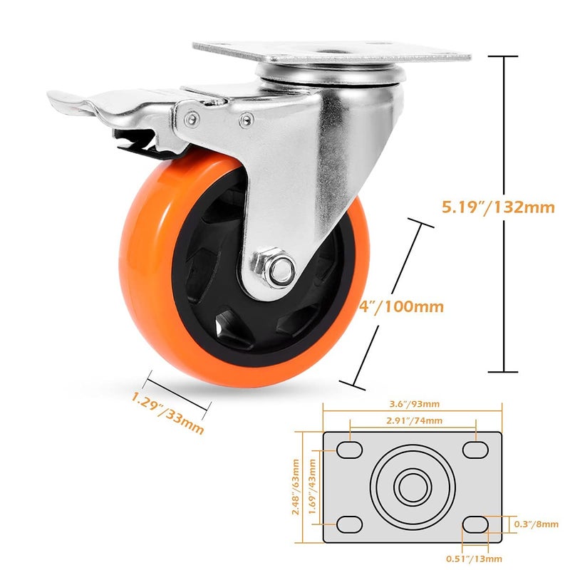 RONTENO Carbon 4 Inch Casters Wheels Swivel Roller Industrial for Trolley 4PcOrange - Image 3