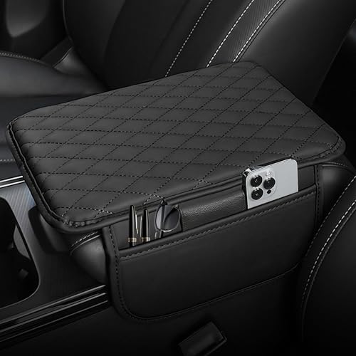 The AutoStory Car Center Console Armrest Cover | Cover Cushion with 2 Storage Bags | Universal Fit for SUV, Car | Armrest With 2 Mobile Pockets | Ergonomic, Comfortable & Easy to Install (Black) - Image 1