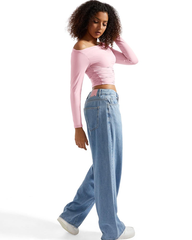 SUUKSESS Women Off Shoulder Long Sleeve Shirts Double Lined Fitted Crop Tops Y2K Tight T Shirts (Baby Pink,S) - Image 5
