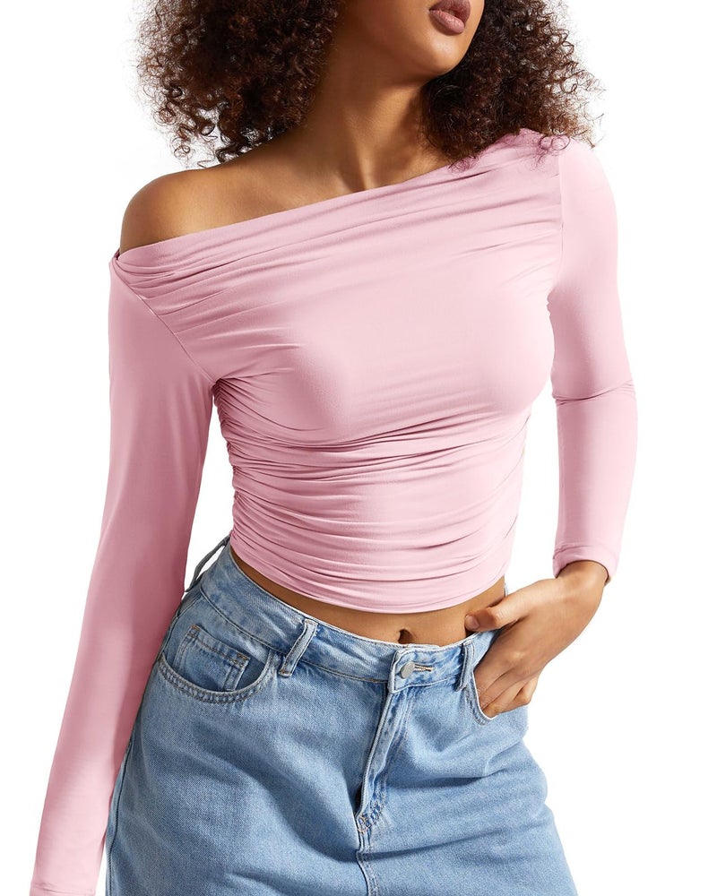 SUUKSESS Women Off Shoulder Long Sleeve Shirts Double Lined Fitted Crop Tops Y2K Tight T Shirts (Baby Pink,S) - Image 1
