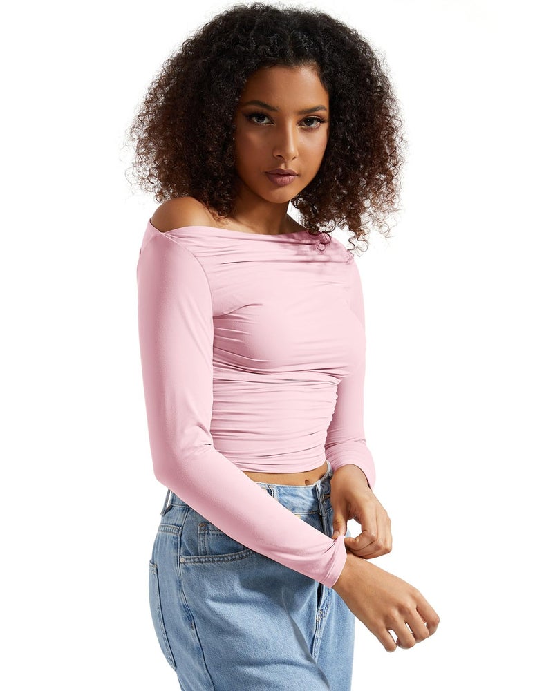 SUUKSESS Women Off Shoulder Long Sleeve Shirts Double Lined Fitted Crop Tops Y2K Tight T Shirts (Baby Pink,S) - Image 3