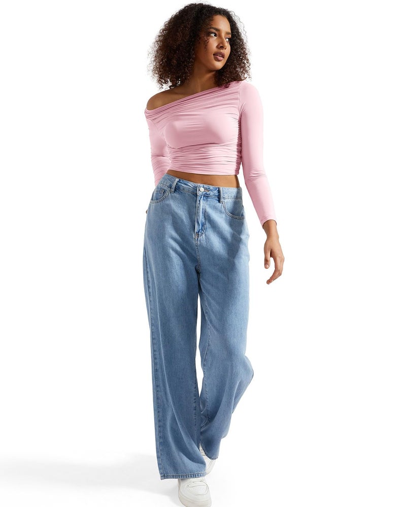 SUUKSESS Women Off Shoulder Long Sleeve Shirts Double Lined Fitted Crop Tops Y2K Tight T Shirts (Baby Pink,S) - Image 4