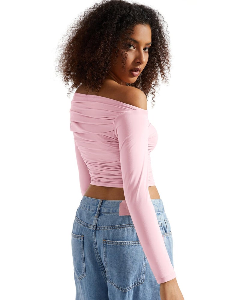 SUUKSESS Women Off Shoulder Long Sleeve Shirts Double Lined Fitted Crop Tops Y2K Tight T Shirts (Baby Pink,S) - Image 2