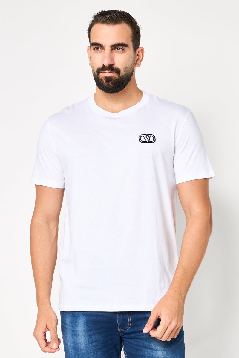 VALENTINO Men Crew Neck Short Sleeve Embroidered Logo T-Shirt, White - Image 1