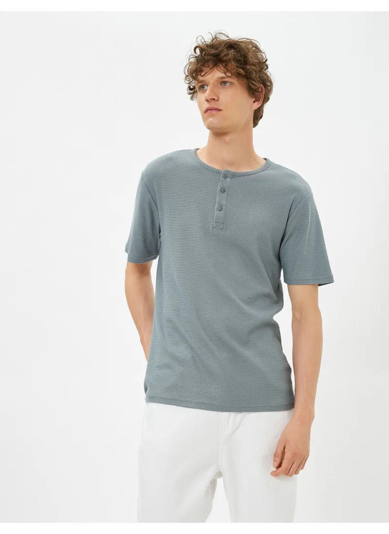 كوتون Basic T-Shirt Crew Neck Button Detail Slim Cut Cotton