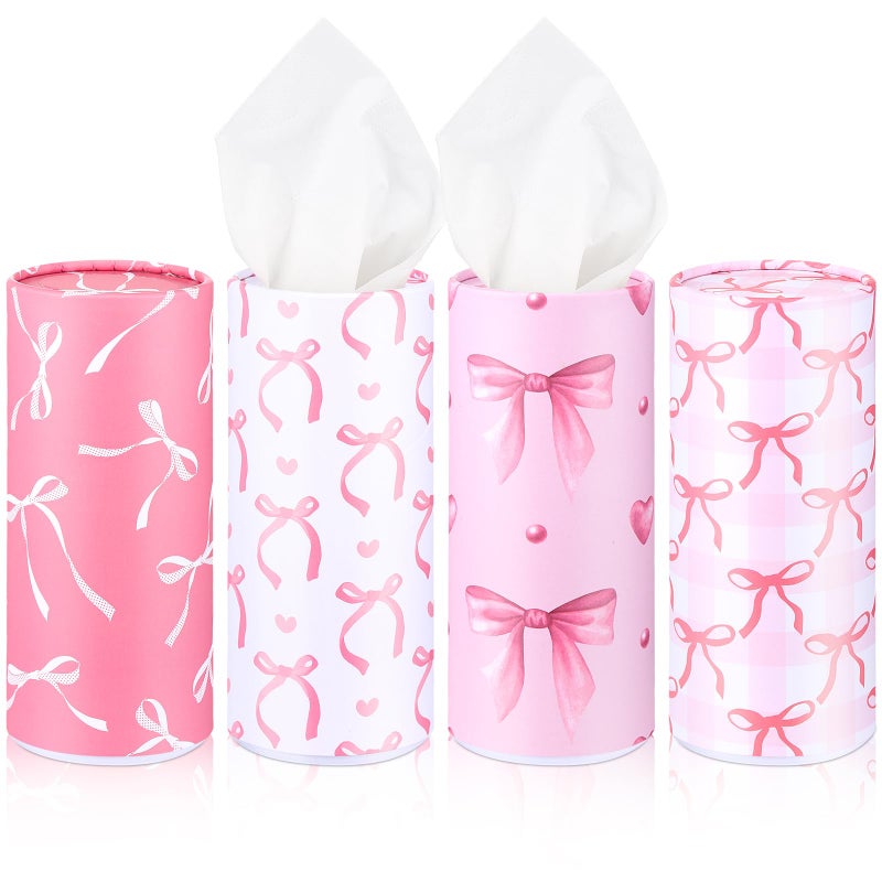 Yoande 4 Pack Car Tissue Holder with Facial Tissues Travel Tissue Tubes Box Round Cylinder Container for Car Cup Holder Home Bathroom Office Wedding Gifts Decor(Pink Bow) - Image 1