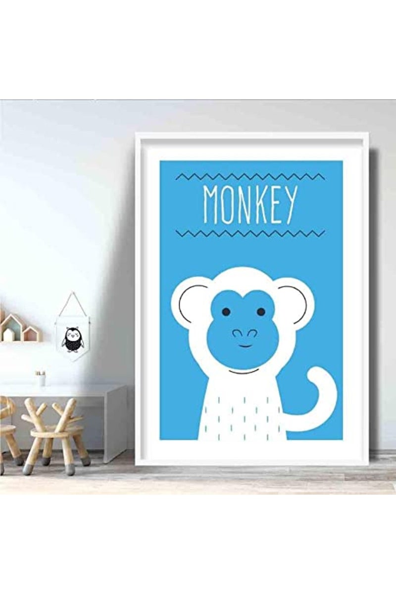 Artze Wall Art Monkey Scandinavian Geometric Nursery Poster, A4 Size, Bright Blue - Image 2