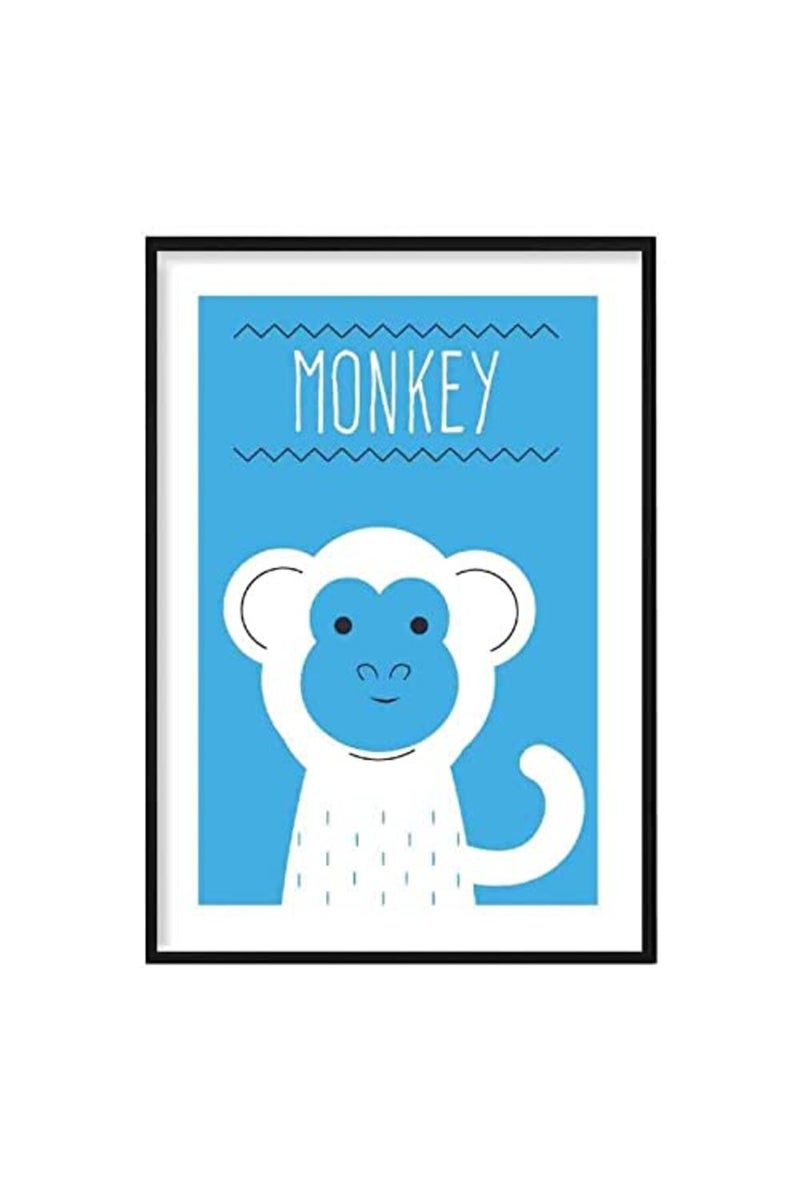 Artze Wall Art Monkey Scandinavian Geometric Nursery Poster, A4 Size, Bright Blue - Image 1