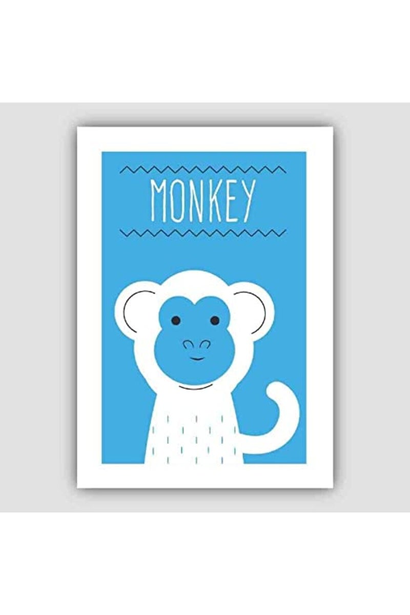 Artze Wall Art Monkey Scandinavian Geometric Nursery Poster, A4 Size, Bright Blue - Image 4