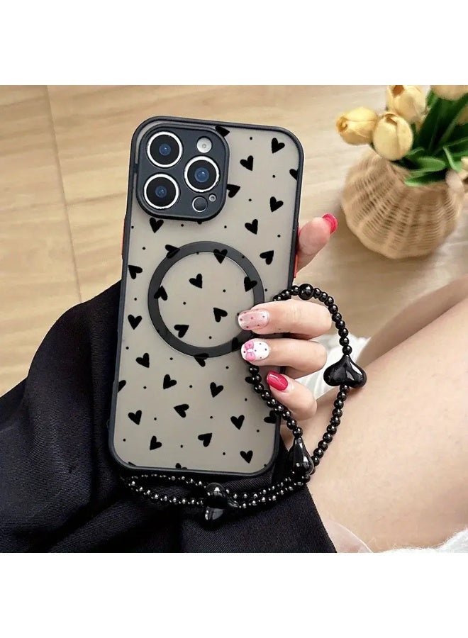 Temu Black Heart Design Magnetic Phone Case with Black Heart Strap and Magnetic Flower Pattern Edge Shockproof Scratch Proof Compatible with iPhone 13 Pro - Image 2