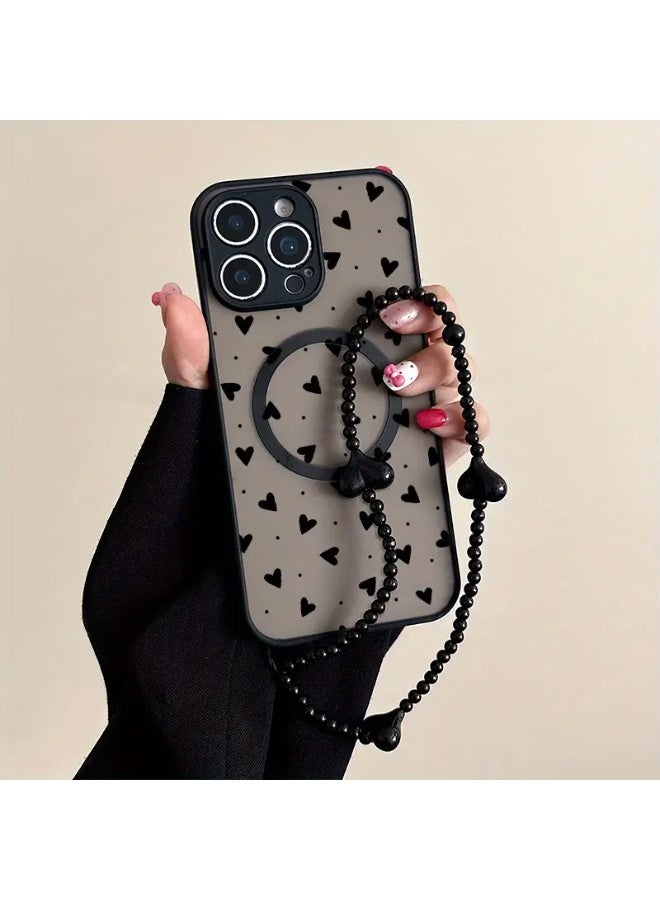 Temu Black Heart Design Magnetic Phone Case with Black Heart Strap and Magnetic Flower Pattern Edge Shockproof Scratch Proof Compatible with iPhone 13 Pro - Image 1