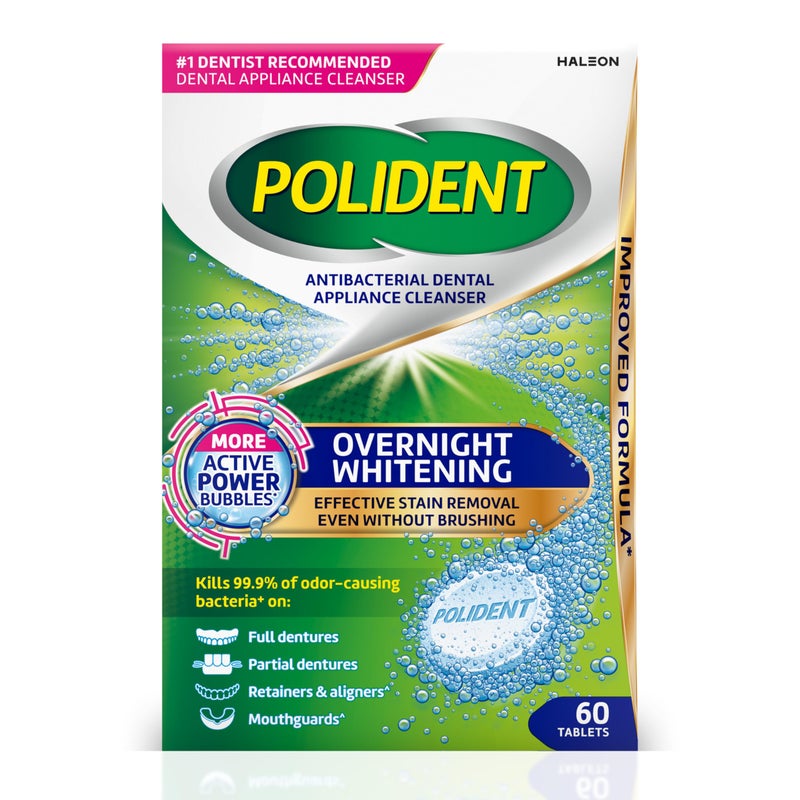 Polident Overnight Whitening Antibacterial Dental Appliance Cleanser Tablets, Mouthguard Cleaning Tablets, 60 Count - Image 1