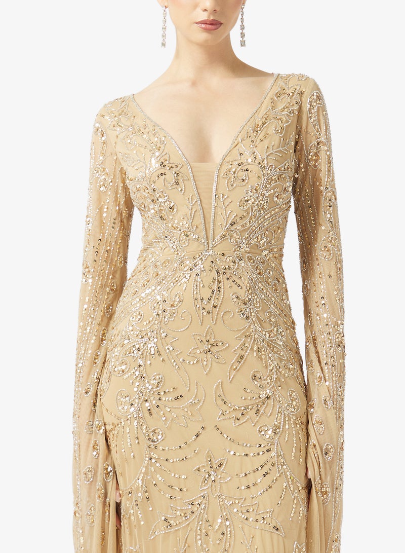 بيوت فستان ماكسي بأكمام كاب وياقة على شكل - Image 3