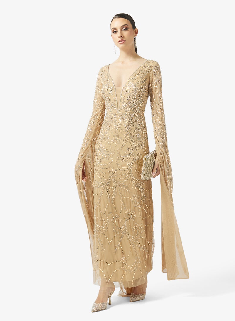 بيوت فستان ماكسي بأكمام كاب وياقة على شكل - Image 4