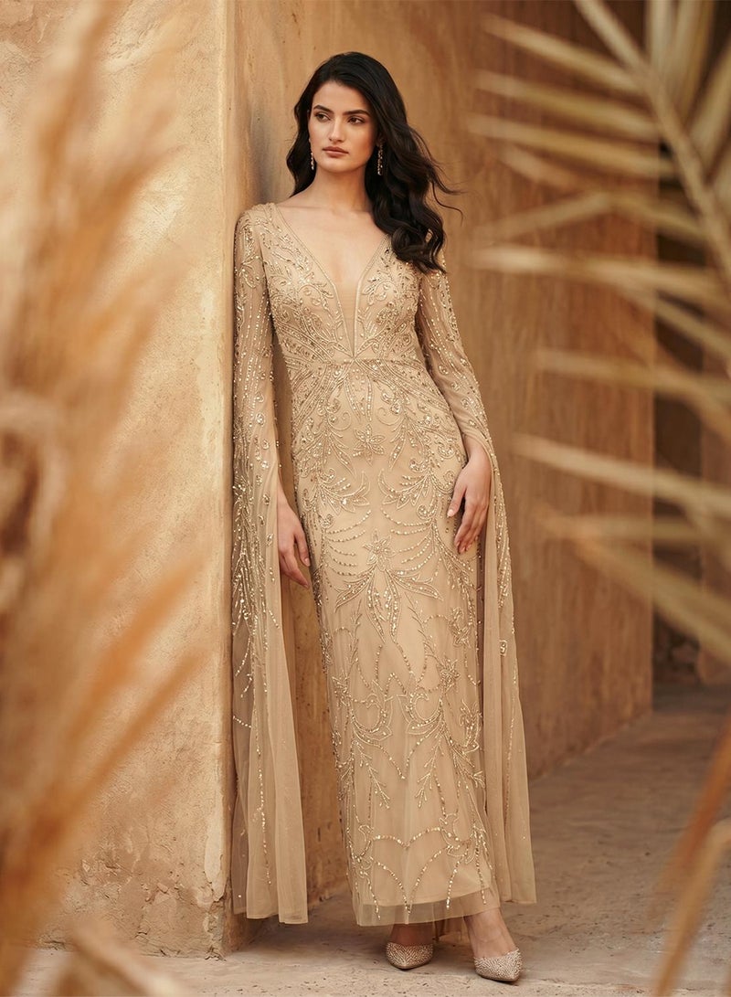 بيوت فستان ماكسي بأكمام كاب وياقة على شكل - Image 1
