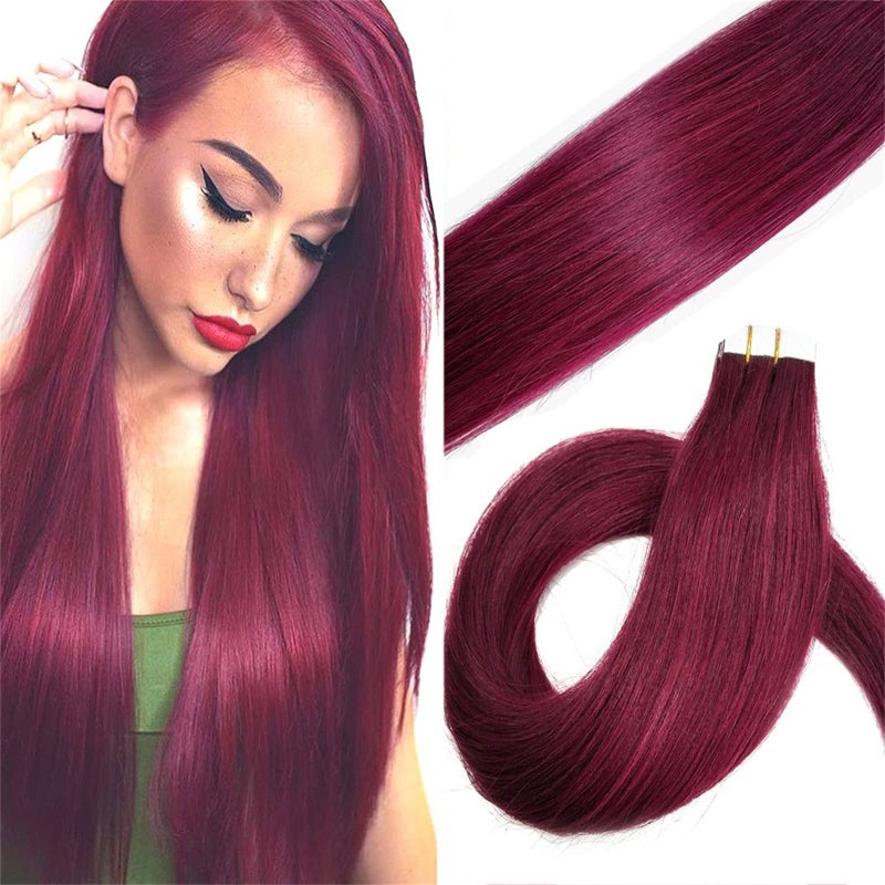 Yotty Hair Extensions Tape in Seamless Skin Weft Remy Human Hair 16Inch 10Pcs Burgundy