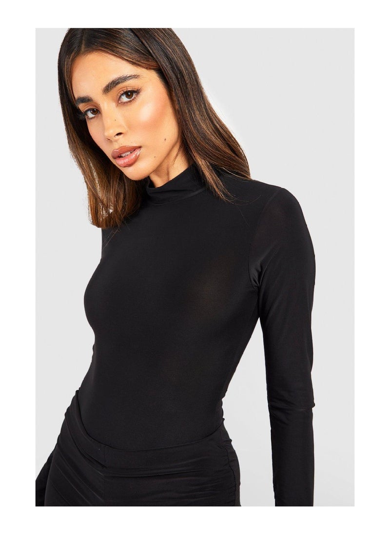 boohoo - Slinky Long Sleeve High Neck Bodysuit - Image 1