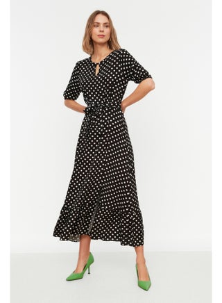 Black Belted Polka Dot Crew Neck Midi Woven Dress TWOSS19XM0064