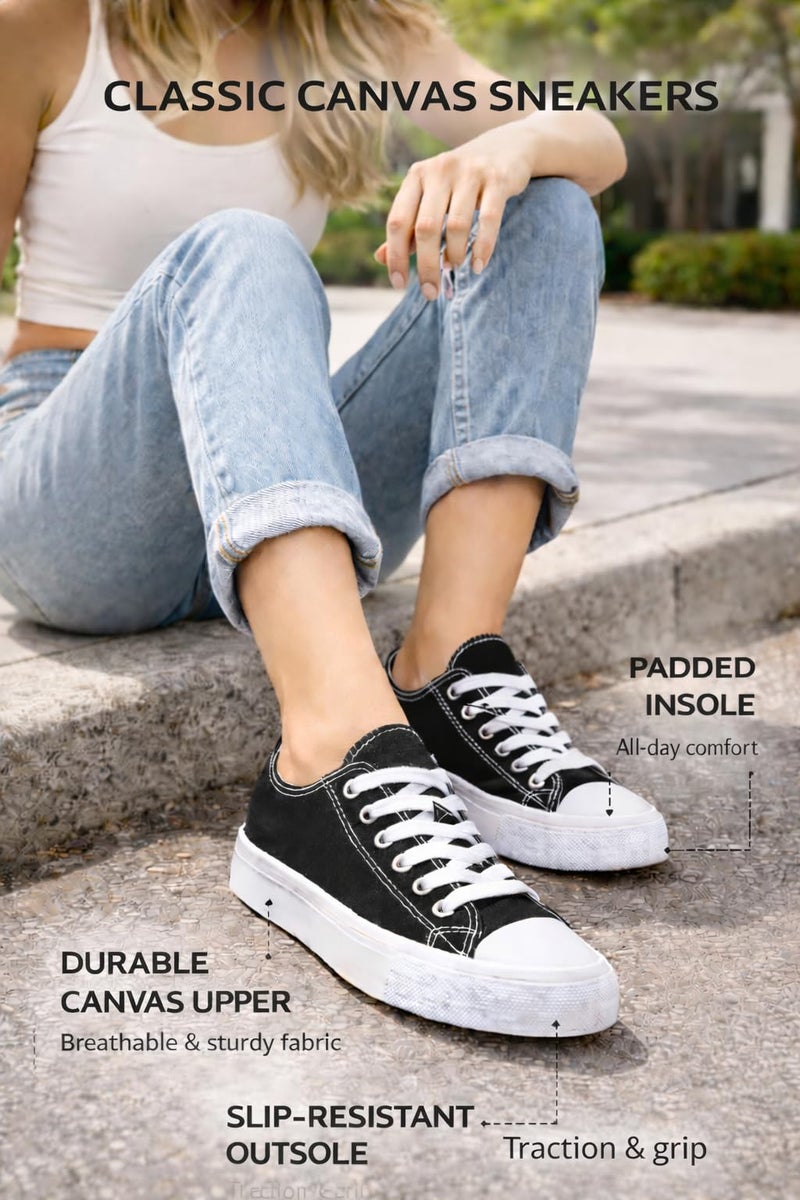 hello basics Canvas Shoes for Women Casual Low Top Women's Fashion Sneakers Slip on for Women (8, Black White) - Image 4