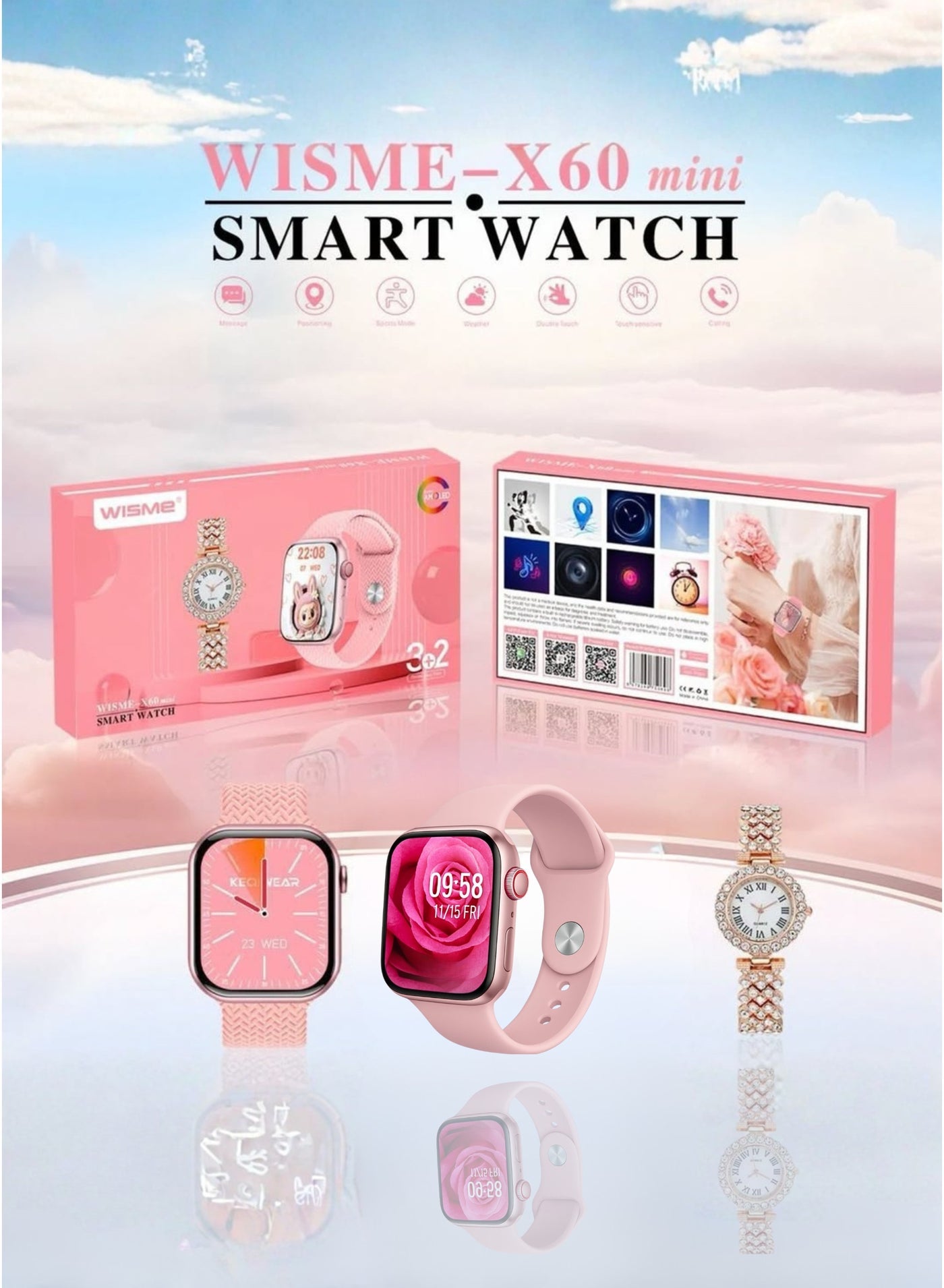 Wisme X60 Mini Smart Watch Pink – 3-Step Smart Health Tracking, AMOLED Display, Stylish Jewelry Smartwatch for Women, Fitness Tracker, Heart Rate Monitor, Best New Year Gift