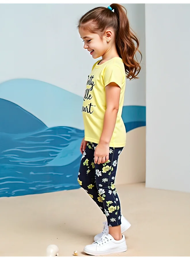 تايك تو Take Two Kids 2pcs Graphic Print Short Sleeve T-Shirt and Flora Print Leggings