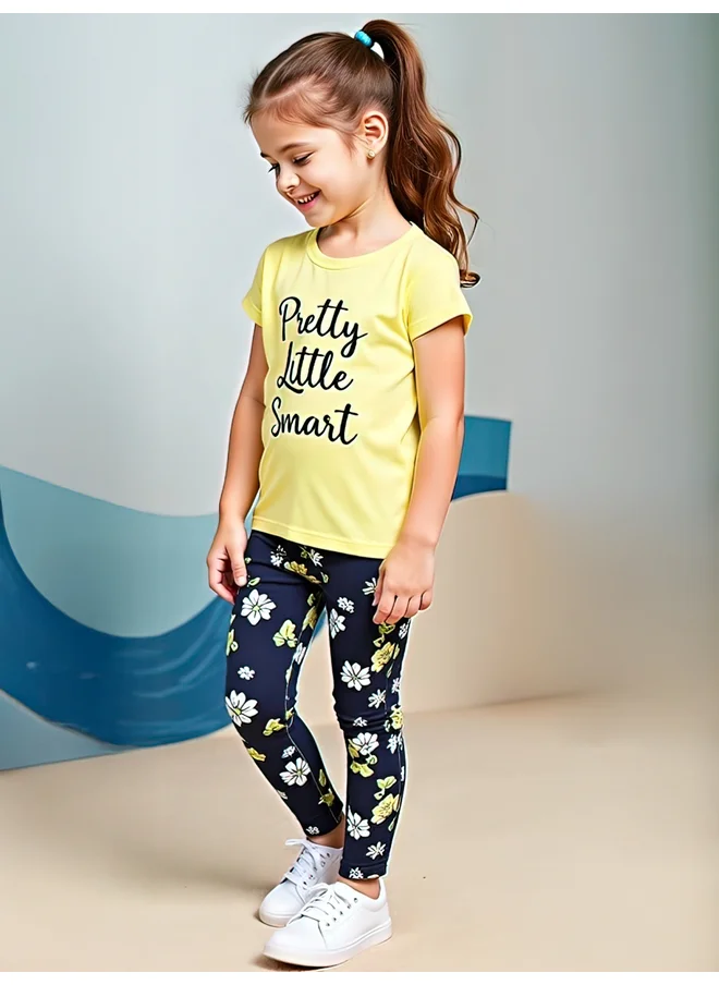 تايك تو Take Two Kids 2pcs Graphic Print Short Sleeve T-Shirt and Flora Print Leggings