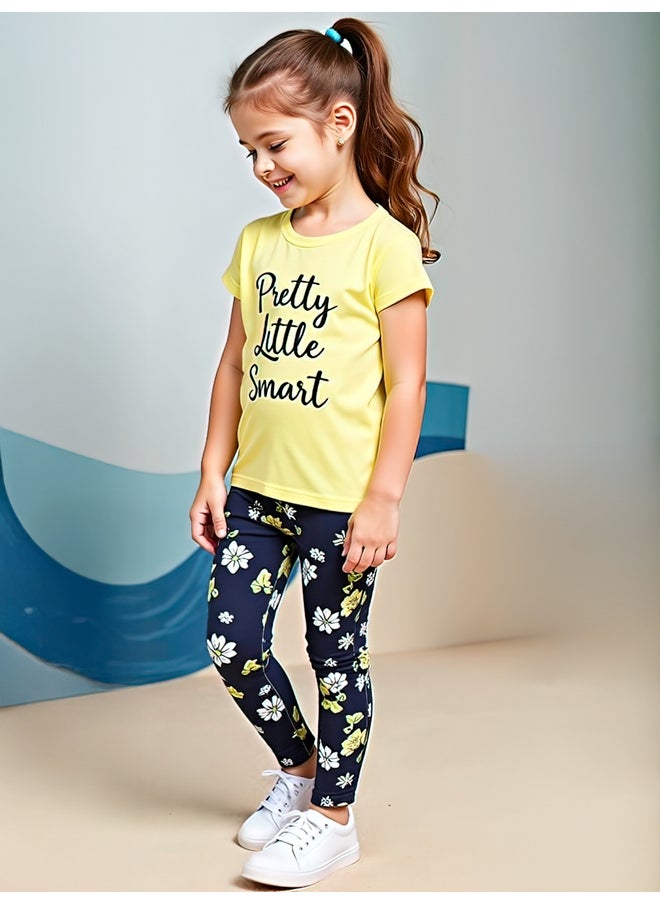 Take Two Take Two Kids 2pcs Graphic Print Short Sleeve T-Shirt and Flora Print Leggings  - Image 1