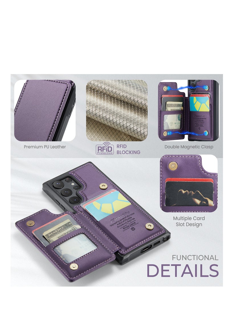 CaseMe Wallet Case for Samsung Galaxy S22 Ultra, Premium Handmade Durable PU Leather Slim Shockproof Case with [Double Magnetic Clasp] [Card Holder] [Kickstand] [RFID Blocking] (Purple) - Image 4