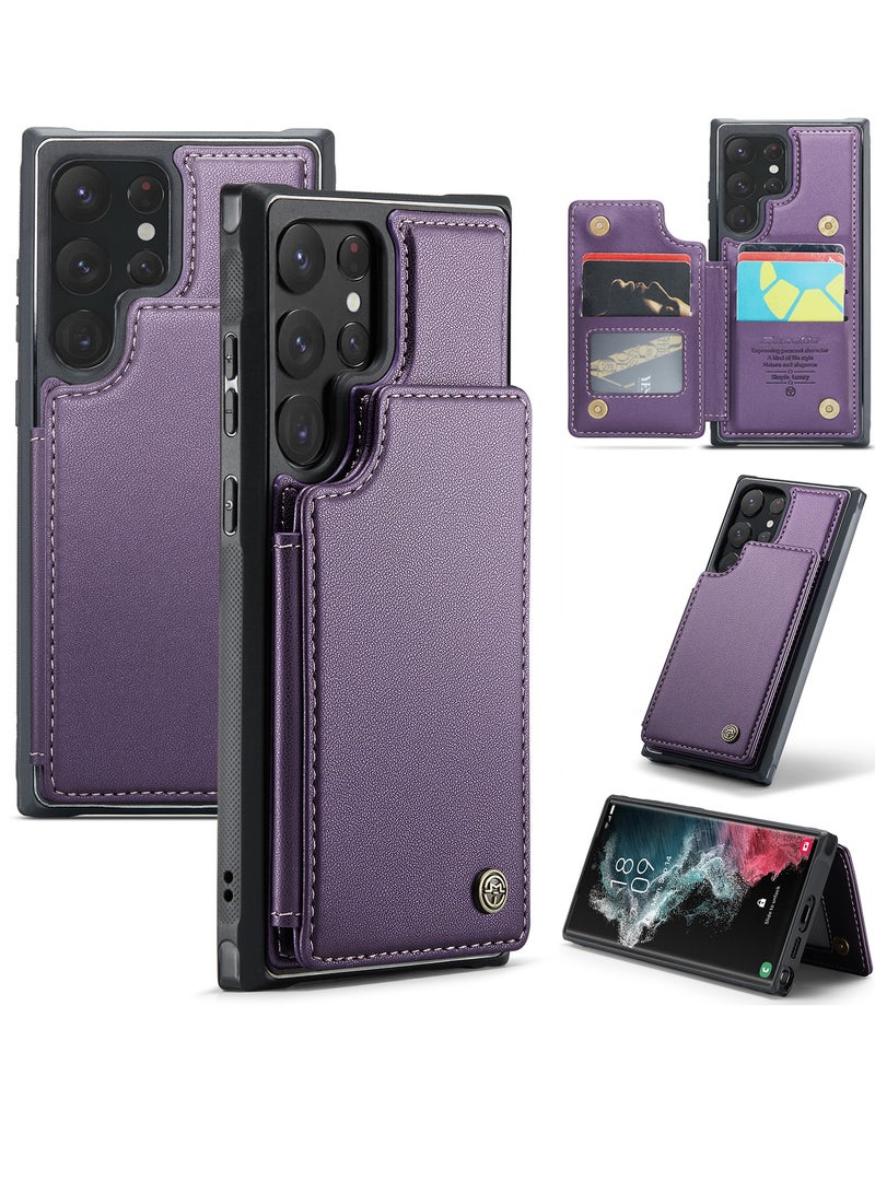 CaseMe Wallet Case for Samsung Galaxy S22 Ultra, Premium Handmade Durable PU Leather Slim Shockproof Case with [Double Magnetic Clasp] [Card Holder] [Kickstand] [RFID Blocking] (Purple) - Image 2