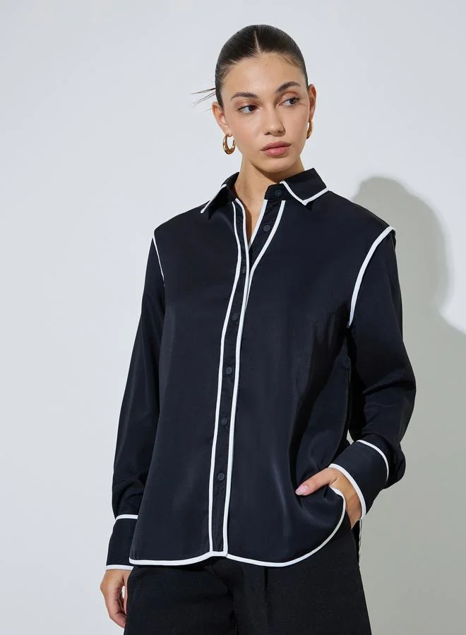 ستايلي Black Contrast Trim Long Sleeve Shirt