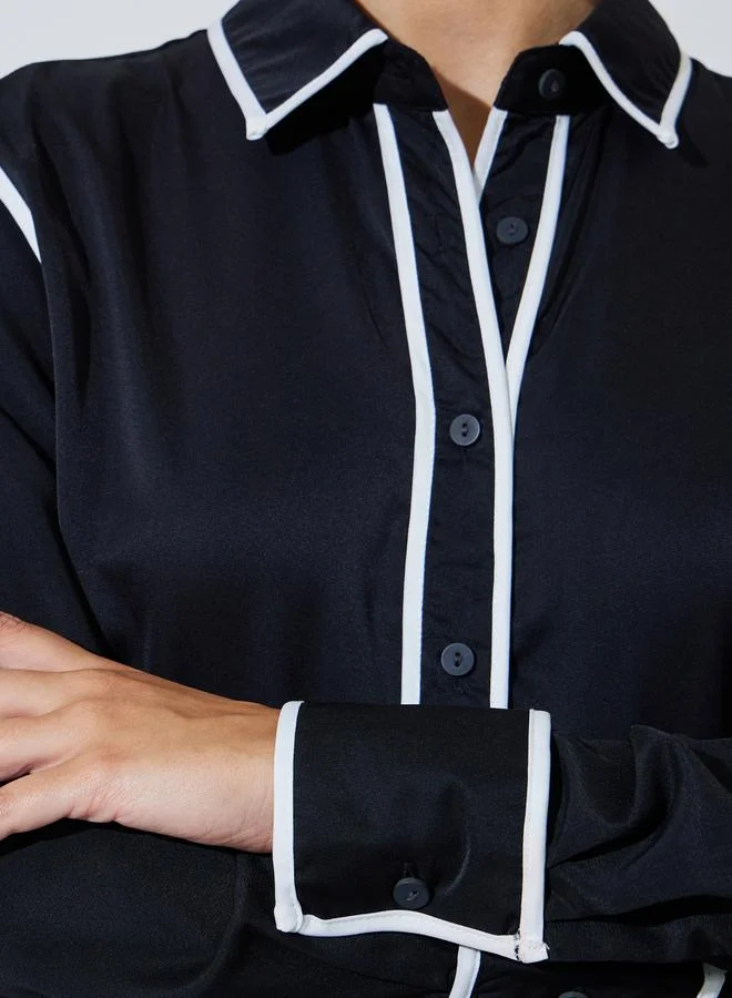 ستايلي Black Contrast Trim Long Sleeve Shirt