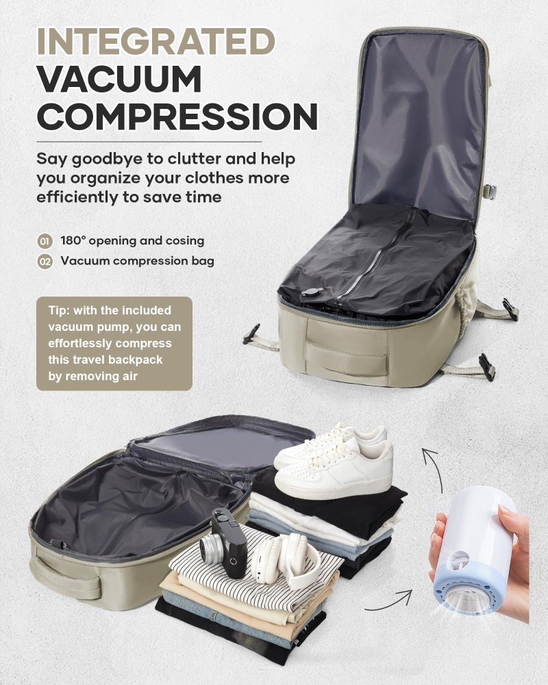 VECAVE Vacuum Travel Backpack with Pump for Women,Personal Item Carry on Backpacks Flight Approved 18x14x8 inches for Men,Laptop Waterproof Work Compression bags Casual Daypack GreyBrown - Image 4