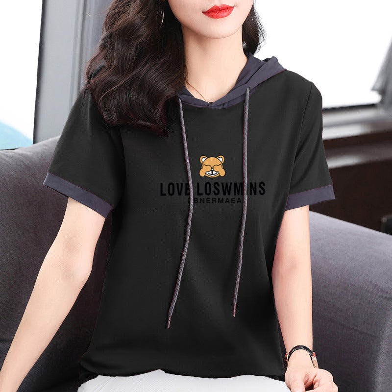 Pure Cotton Short-Sleeved T-Shirt For Women 2024 Summer Loose Slimming Thin Sweatshirt Fashionable Printed Hooded Base Shirt Round Neck - Image 1